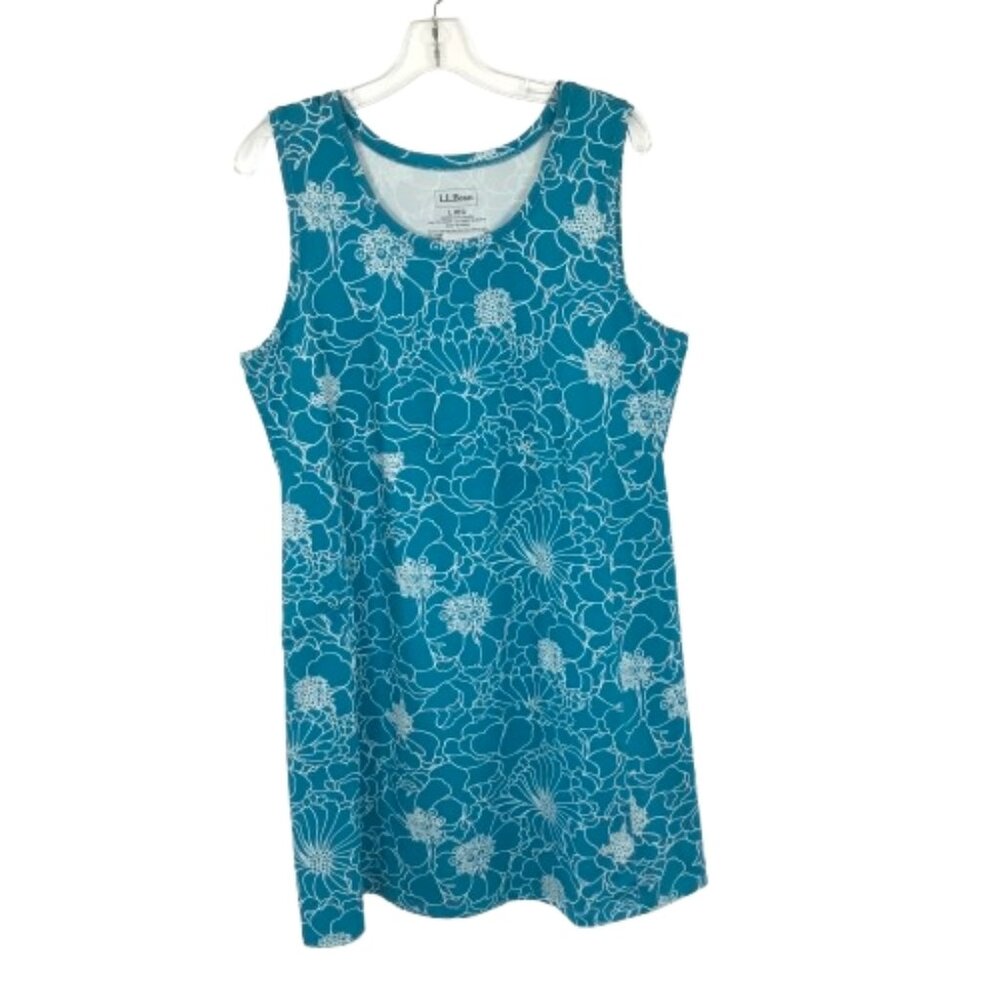 NWT LL Bean Womens Size Large Teal Floral Pattern Stretch Sheath Mini Dress NEW